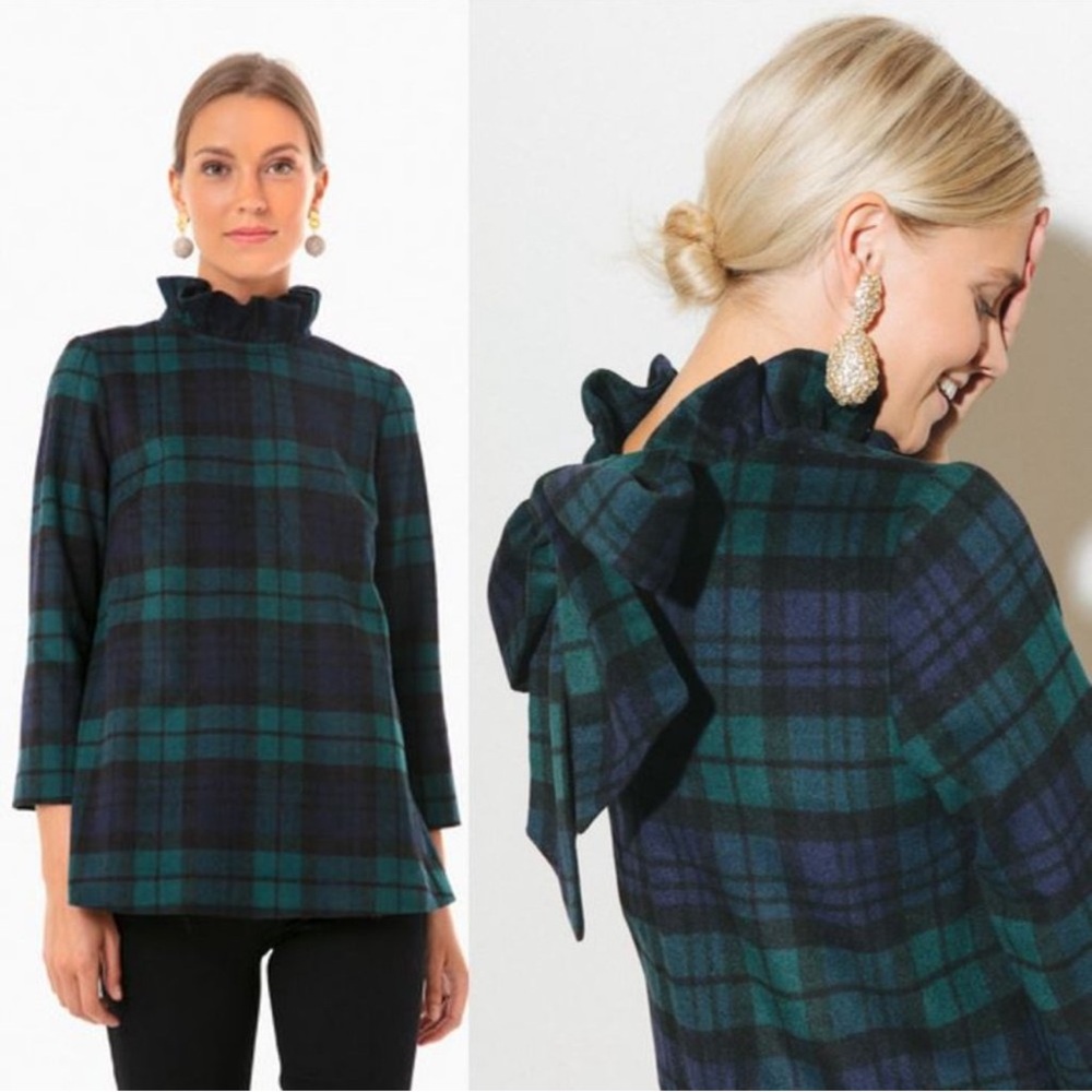 Tuckernuck Blackwatch Plaid Schoolgirl Bow Wool Faye Blouse Size XL